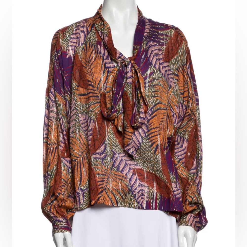 LE SUPERBE Leaf Print Tie Neck Blouse Metallic Accents Long Sleeve Classic Sz 10